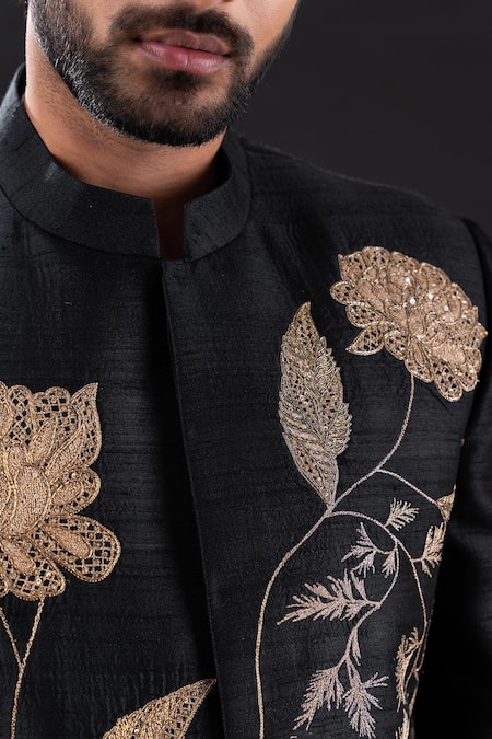 Shop_Tira By Naresh Raj_Black Cotton, Silk Embroidery Floral Sherwani Set 