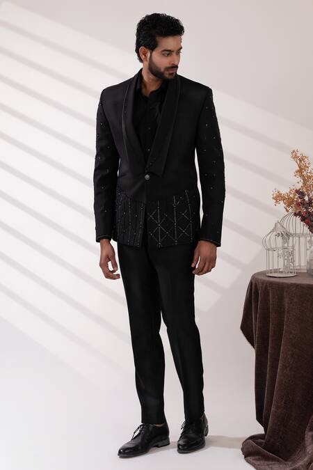 Tira By Naresh Raj_Black Terriwool And Cotton Embroidered Sequin Tuxedo Pant Set _Online_at_Aza_Fashions