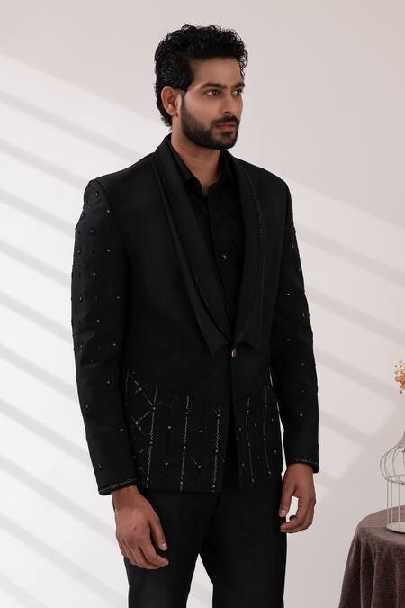 Shop_Tira By Naresh Raj_Black Terriwool And Cotton Embroidered Sequin Tuxedo Pant Set _Online_at_Aza_Fashions