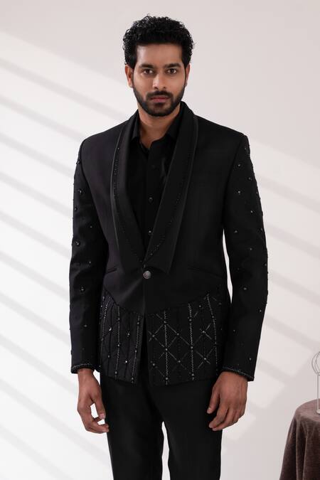 Tira By Naresh Raj_Black Terriwool And Cotton Embroidered Sequin Tuxedo Pant Set _at_Aza_Fashions