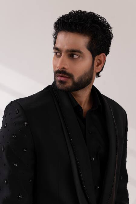 Buy_Tira By Naresh Raj_Black Terriwool And Cotton Embroidered Sequin Tuxedo Pant Set 