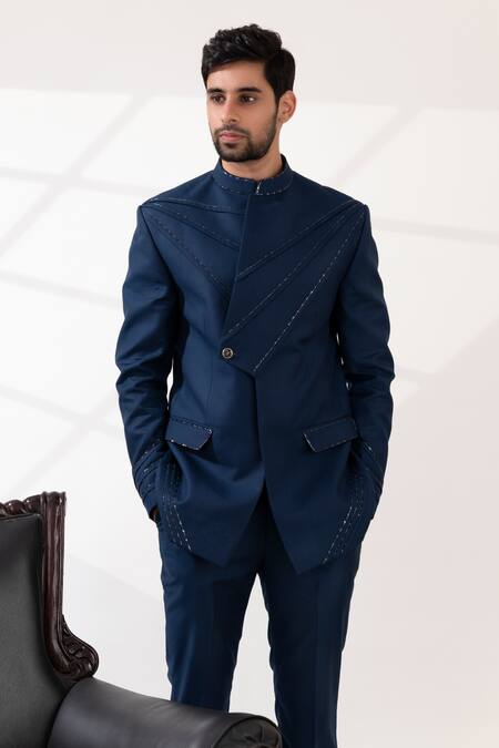 Tira By Naresh Raj_Blue Terriwool Embroidered Sequin Pintucked Bandhgala With Pant _Online_at_Aza_Fashions