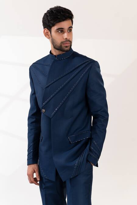 Shop_Tira By Naresh Raj_Blue Terriwool Embroidered Sequin Pintucked Bandhgala With Pant _Online_at_Aza_Fashions