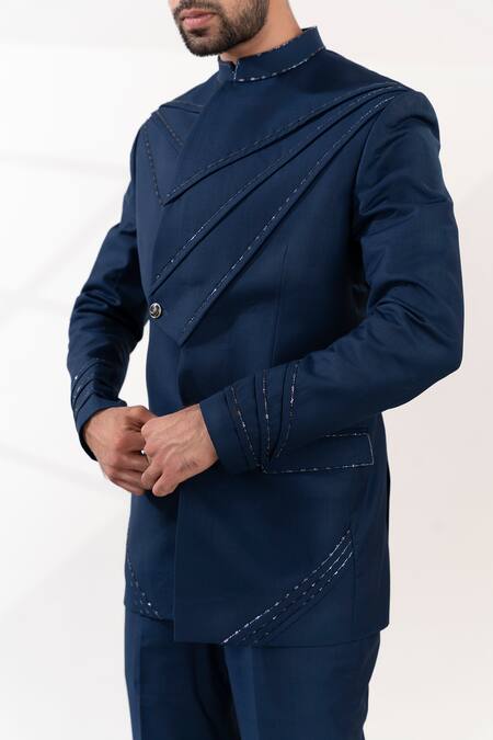 Tira By Naresh Raj_Blue Terriwool Embroidered Sequin Pintucked Bandhgala With Pant _at_Aza_Fashions