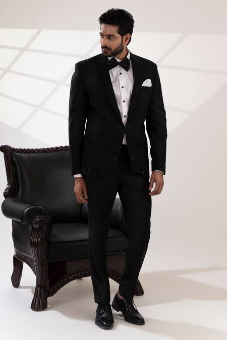 Buy_Tira By Naresh Raj_Black Terriwool And Cotton Embroidered Sequin Placement Tuxedo Pant Set _Online_at_Aza_Fashions