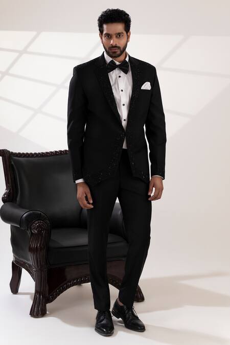 Shop_Tira By Naresh Raj_Black Terriwool And Cotton Embroidered Sequin Placement Tuxedo Pant Set _Online_at_Aza_Fashions