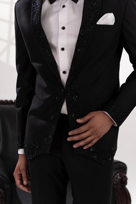 Buy_Tira By Naresh Raj_Black Terriwool And Cotton Embroidered Sequin Placement Tuxedo Pant Set 