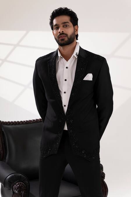 Shop_Tira By Naresh Raj_Black Terriwool And Cotton Embroidered Sequin Placement Tuxedo Pant Set 