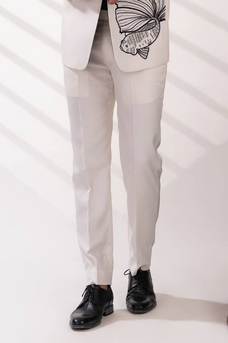 Tira By Naresh Raj_White Terriwool And Cotton Embroidered Motif Fish Tuixedo & Pant Set _Online_at_Aza_Fashions