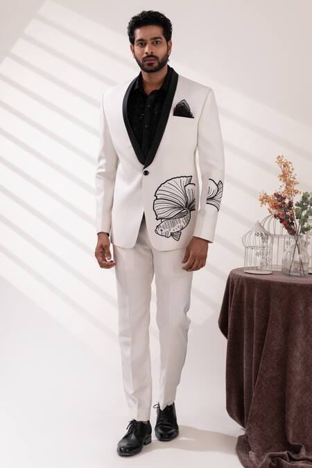Buy_Tira By Naresh Raj_White Terriwool And Cotton Embroidered Motif Fish Tuixedo & Pant Set _Online_at_Aza_Fashions