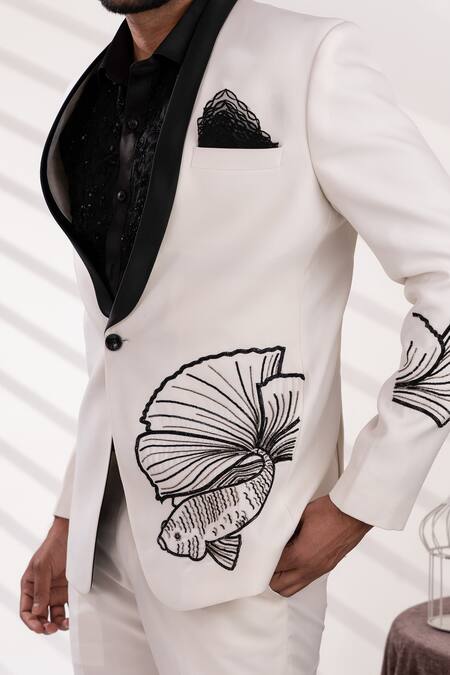 Tira By Naresh Raj_White Terriwool And Cotton Embroidered Motif Fish Tuixedo & Pant Set _at_Aza_Fashions
