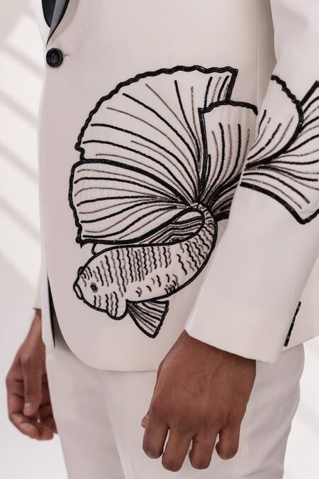 Buy_Tira By Naresh Raj_White Terriwool And Cotton Embroidered Motif Fish Tuixedo & Pant Set 