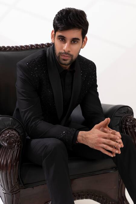 Tira By Naresh Raj_Black Terriwool And Cotton Embroidered Sequin Tuxedo Pant Set _Online_at_Aza_Fashions