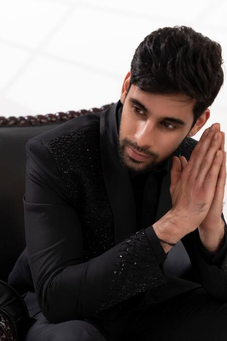 Buy_Tira By Naresh Raj_Black Terriwool And Cotton Embroidered Sequin Tuxedo Pant Set _Online_at_Aza_Fashions