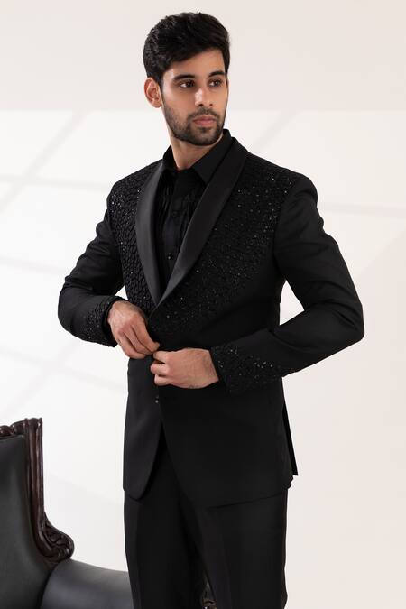 Tira By Naresh Raj_Black Terriwool And Cotton Embroidered Sequin Tuxedo Pant Set _at_Aza_Fashions