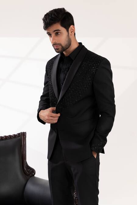Buy_Tira By Naresh Raj_Black Terriwool And Cotton Embroidered Sequin Tuxedo Pant Set 