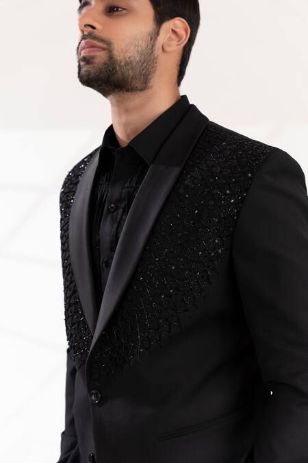 Shop_Tira By Naresh Raj_Black Terriwool And Cotton Embroidered Sequin Tuxedo Pant Set 