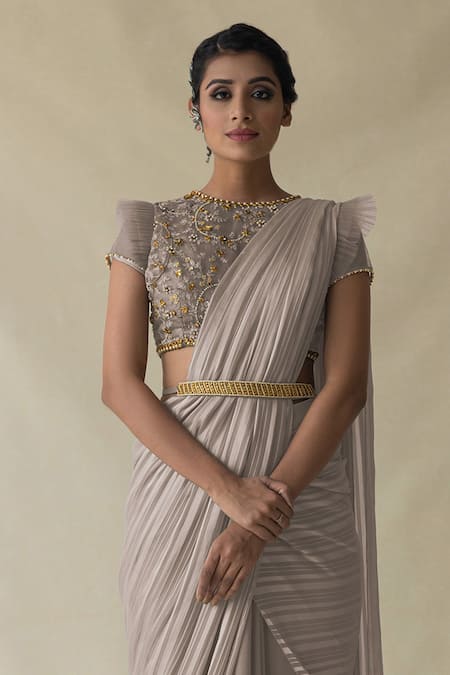 Merge Design_Pink Crepe Sequins Round Neck Striped Pattern Pre-draped Saree And Blouse Set _Online_at_Aza_Fashions