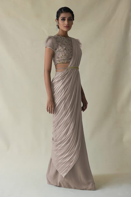 Buy_Merge Design_Pink Crepe Sequins Round Neck Striped Pattern Pre-draped Saree And Blouse Set _Online_at_Aza_Fashions