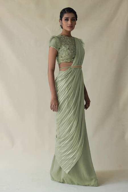 Merge Design_Green Crepe Sequins Round Neck Line Pattern Pre-draped Saree And Blouse Set _Online_at_Aza_Fashions