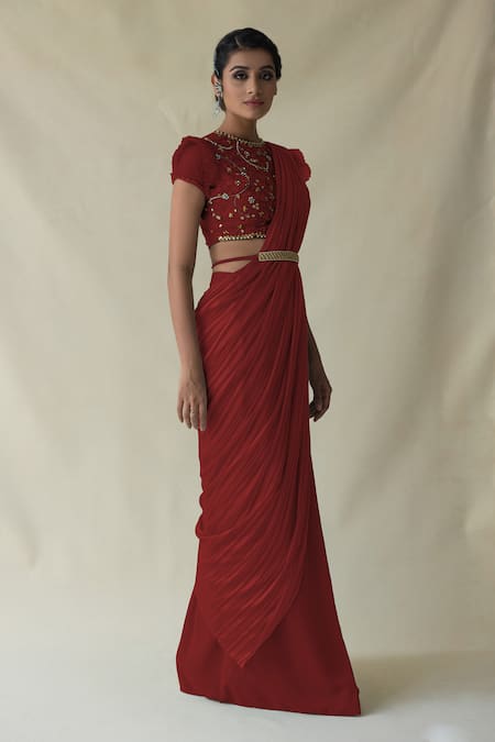 Buy Merge Design Red Crepe Embroidery, Sequins Bar Stripe Pattern Pre-draped Saree And Blouse Set Online at Aza Fashions Buy_Merge Design_Red Crepe Embroidery, Sequins Bar Stripe Pattern Pre-draped Saree And Blouse Set _Online_at_Aza_Fashions