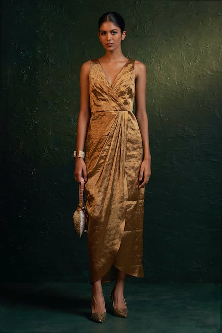 Charkhee_Gold Silk, Cotton Satin V-neck Sleeveless Draped Dress _Online_at_Aza_Fashions