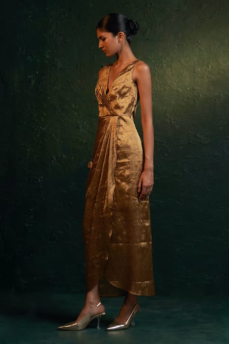Buy_Charkhee_Gold Silk, Cotton Satin V-neck Sleeveless Draped Dress _Online_at_Aza_Fashions