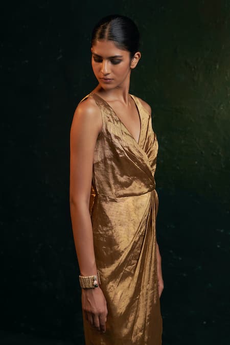 Shop_Charkhee_Gold Silk, Cotton Satin V-neck Sleeveless Draped Dress _Online_at_Aza_Fashions