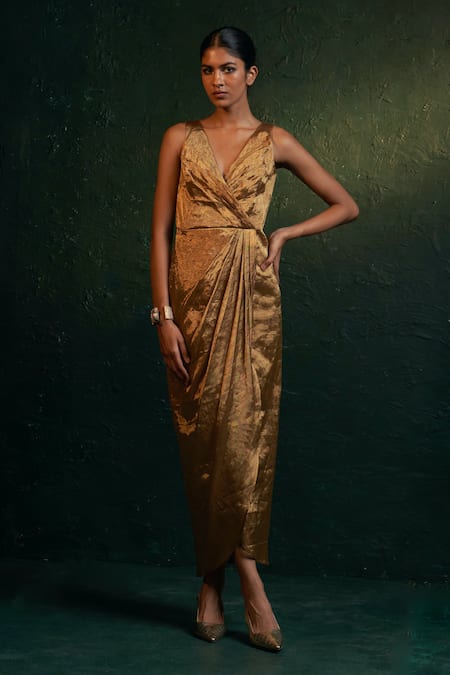 Charkhee_Gold Silk, Cotton Satin V-, Open Tissue Draped Dress With Blazer _Online_at_Aza_Fashions