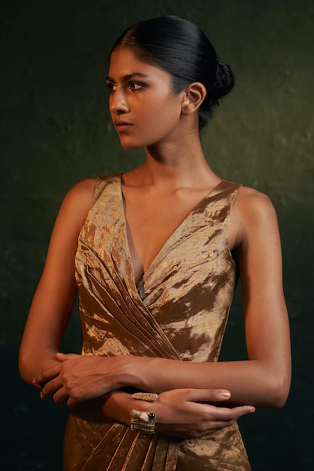 Charkhee_Gold Silk, Cotton Satin V-, Open Tissue Draped Dress With Blazer _at_Aza_Fashions