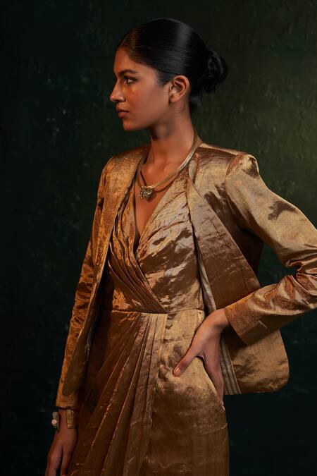 Charkhee Gold Silk, Cotton Tissue Full Sleeve Blazer Online at Aza Fashions Charkhee_Gold Silk, Cotton Tissue Full Sleeve Blazer _Online_at_Aza_Fashions