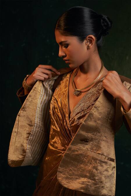 Buy Charkhee Gold Silk, Cotton Tissue Full Sleeve Blazer Online at Aza Fashions Buy_Charkhee_Gold Silk, Cotton Tissue Full Sleeve Blazer _Online_at_Aza_Fashions