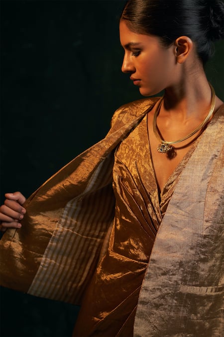 Shop Charkhee Gold Silk, Cotton Tissue Full Sleeve Blazer Online at Aza Fashions Shop_Charkhee_Gold Silk, Cotton Tissue Full Sleeve Blazer _Online_at_Aza_Fashions
