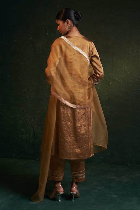 Shop_Charkhee_Gold Silk, , Satin, Organza Embroidery Dori Yoke Kurta Set _at_Aza_Fashions