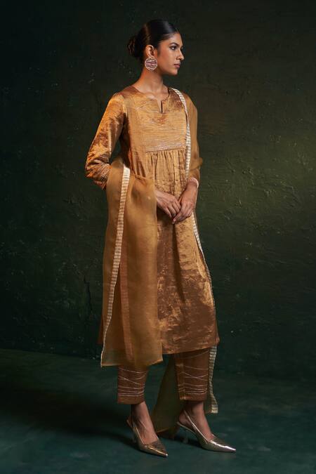 Charkhee_Gold Silk, , Satin, Organza Embroidery Dori Yoke Kurta Set _Online_at_Aza_Fashions