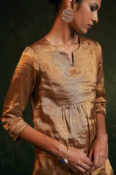 Buy_Charkhee_Gold Silk, , Satin, Organza Embroidery Dori Yoke Kurta Set _Online_at_Aza_Fashions