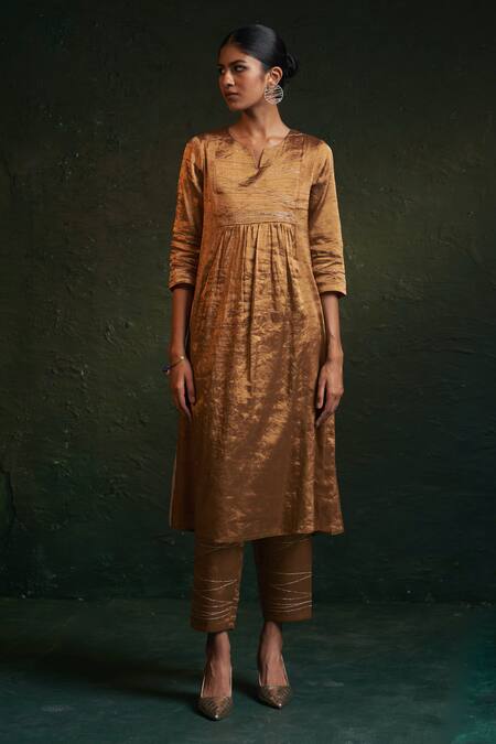 Shop_Charkhee_Gold Silk, , Satin, Organza Embroidery Dori Yoke Kurta Set _Online_at_Aza_Fashions