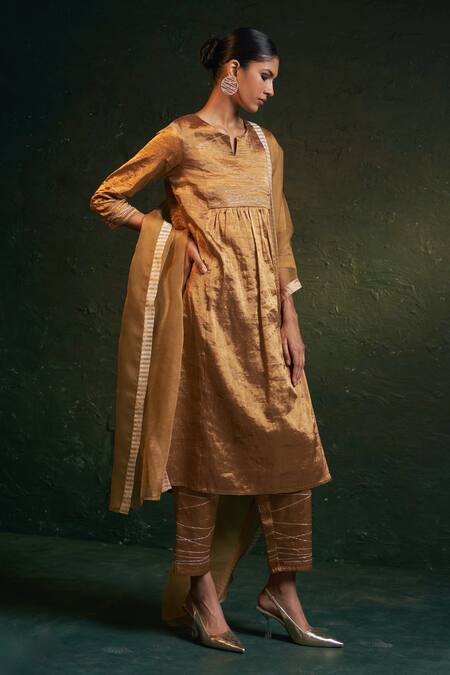 Charkhee_Gold Silk, , Satin, Organza Embroidery Dori Yoke Kurta Set _at_Aza_Fashions