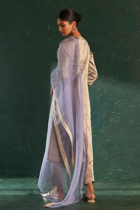 Shop Charkhee Silver Silk, , Satin, Organza Embroidery Dori Placement Kurta Set at Aza Fashions Shop_Charkhee_Silver Silk, , Satin, Organza Embroidery Dori Placement Kurta Set_at_Aza_Fashions