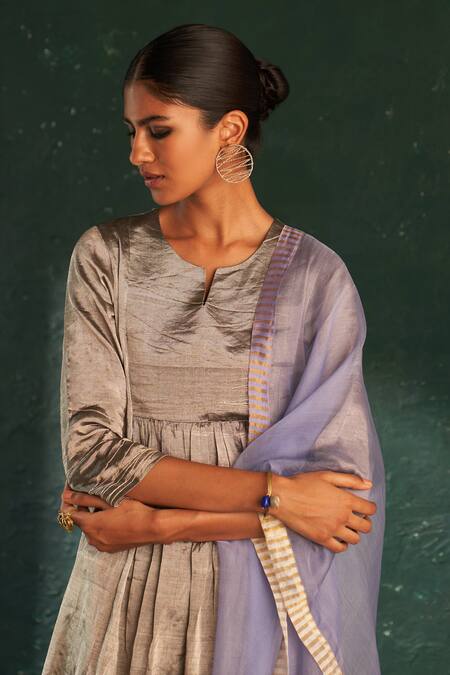 Charkhee Silver Silk, , Satin, Organza Embroidery Dori Placement Kurta Set Online at Aza Fashions Charkhee_Silver Silk, , Satin, Organza Embroidery Dori Placement Kurta Set_Online_at_Aza_Fashions