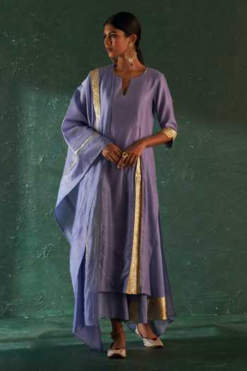 Buy Charkhee Purple Chanderi, , Satin Gota Embellished Kurta Flared Pant Set at Aza Fashions Buy_Charkhee_Purple Chanderi, , Satin Gota Embellished Kurta Flared Pant Set _at_Aza_Fashions