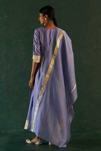 Shop Charkhee Purple Chanderi, , Satin Gota Embellished Kurta Flared Pant Set at Aza Fashions Shop_Charkhee_Purple Chanderi, , Satin Gota Embellished Kurta Flared Pant Set _at_Aza_Fashions
