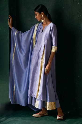 Charkhee Purple Chanderi, , Satin Gota Embellished Kurta Flared Pant Set Online at Aza Fashions Charkhee_Purple Chanderi, , Satin Gota Embellished Kurta Flared Pant Set _Online_at_Aza_Fashions