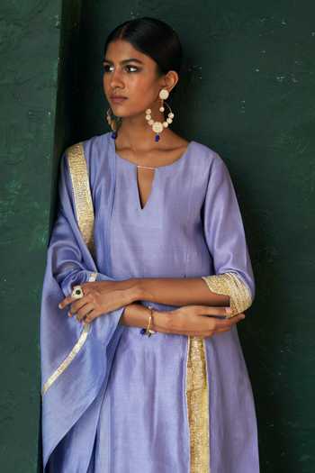 Shop Charkhee Purple Chanderi, , Satin Gota Embellished Kurta Flared Pant Set Online at Aza Fashions Shop_Charkhee_Purple Chanderi, , Satin Gota Embellished Kurta Flared Pant Set _Online_at_Aza_Fashions