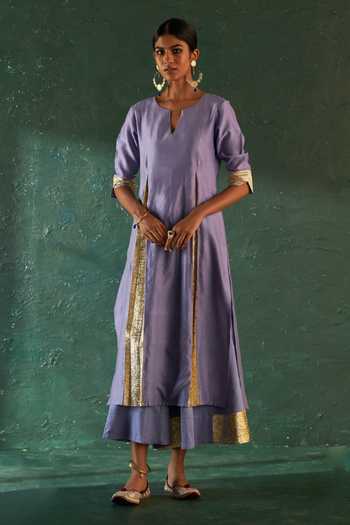 Charkhee Purple Chanderi, , Satin Gota Embellished Kurta Flared Pant Set at Aza Fashions Charkhee_Purple Chanderi, , Satin Gota Embellished Kurta Flared Pant Set _at_Aza_Fashions
