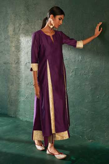 Charkhee_Purple Chanderi, Cotton Satin Gota Patti Keyhole Placement Embellished Kurta Set _Online_at_Aza_Fashions