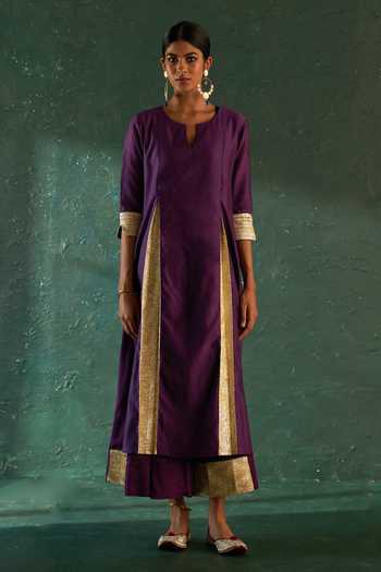 Buy_Charkhee_Purple Chanderi, Cotton Satin Gota Patti Keyhole Placement Embellished Kurta Set _Online_at_Aza_Fashions