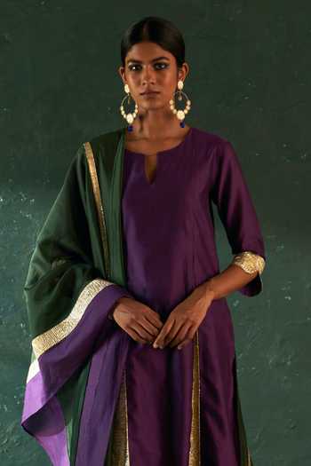 Buy_Charkhee_Purple Chanderi, Cotton Satin Gota Patti Keyhole Placement Embellished Kurta Set 