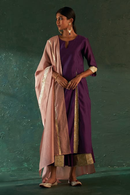 Charkhee Purple Chanderi, , Satin Gota Patti Split Embellished Kurta Set 