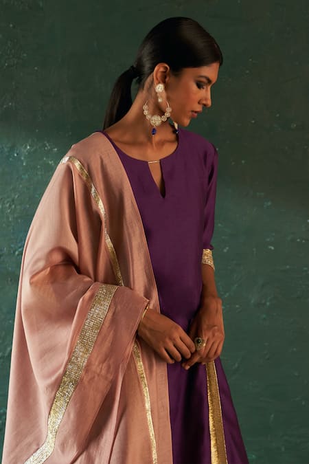 Buy_Charkhee_Purple Chanderi, , Satin Gota Patti Split Embellished Kurta Set _Online_at_Aza_Fashions